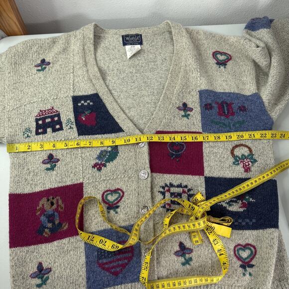 Woolrich Cardigan Sweater Womens XL Oatmeal Wool Patchwork Quilt Hearts Granny - Picture 9 of 11